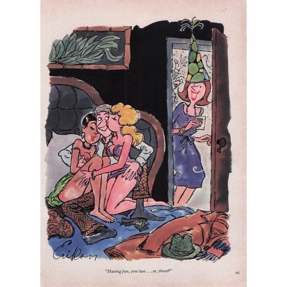 Vintage sexy adult Cartoon Art funny humor threesome interracial women party fun